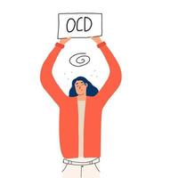 de flicka innehar i henne händer en tecken med de ord ocd. begrepp på obsessiv tvångsmässig oordning. vektor ritad för hand illustration.