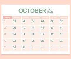 Kalender für das Jahr 2023. Oktober. Bürounternehmensplaner-Vorlage in Pastellfarben vektor
