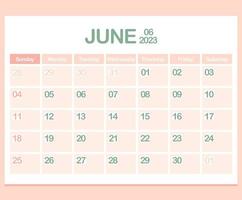 kalender för år 2023. juni. kontor företags- planerare mall i pastell färger. minimalism. vecka börjar på söndag vektor