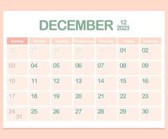 kalender för år 2023. december. kontor företags- planerare mall i pastell färger. vägg eller skrivbordet kalender sida. minimalism vektor