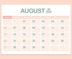 kalender för år 2023. augusti. kontor företags- planerare mall i pastell färger vektor
