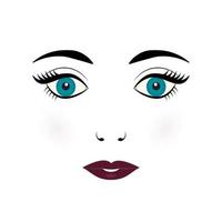 söt ung kvinna ansikte vektor illustration. docka ansikte med blå ögon, ögonfransar, ögonbryn och vinröd röd mun på vit bakgrund.