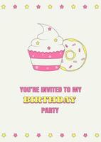 födelsedag fest inbjudan hälsning kort med muffin och munk vektor