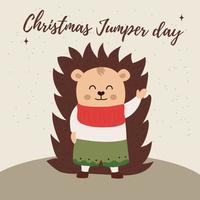 Süßer Igel für eine Weihnachtsfeier. eine feiertagskarte mit der aufschrift happy jumper day. vektor