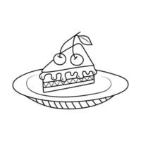 Stück Kuchen mit Kirsche auf einem Teller im Doodle-Stil. geburtstag, feier, urlaub, partykonzept. Schwarz-Weiß-Vektor-Illustration für Malbuch. vektor