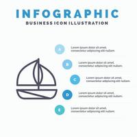 Strandboot Schiff Liniensymbol mit 5 Schritten Präsentation Infografiken Hintergrund vektor