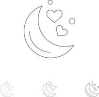 måne natt kärlek romantisk natt djärv och tunn svart linje ikon uppsättning vektor