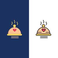 abendessen essen bbq liebe valentine symbole flach und linie gefüllt icon set vektor blauen hintergrund