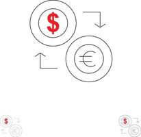 tauschen sie münzen währung dollar euro finanzen finanzgeld fett und dünn schwarze linie symbolsatz vektor