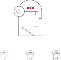 Brain Key Lock Mind entsperren Fett und dünne schwarze Linie Symbolsatz vektor