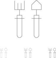 Gartengärtner Rechen Schaufel Fett und dünne schwarze Linie Symbolsatz vektor