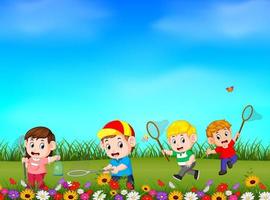 tecknad serie barn fångst fjäril i de trädgård vektor