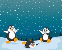 de skön se med tre pingvin spelar på de snö vektor