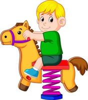 en pojke Lycklig spela med brun häst leksak vektor