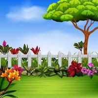 der schöne Garten mit Zaun und Blumen vektor