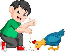 pojke ge utsäde till kyckling äta vektor