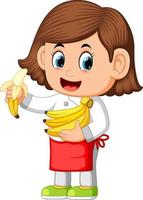 söt flicka klädd tycka om en kock innehav bananer vektor