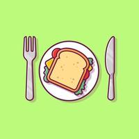 sandwich-frühstück auf teller mit messer- und gabelkarikatur-vektorsymbolillustration. Frühstückslebensmittel-Ikonenkonzept lokalisierter erstklassiger Vektor. flacher Cartoon-Stil vektor
