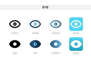 Augensymbol in verschiedenen Stilen. Augenvektorsymbole, die in Umrissen, soliden, farbigen, Farbverläufen und flachen Stilen gestaltet sind. Symbol, Logoabbildung. Vektor-Illustration vektor