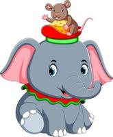 en liten elefant spela med en söt mus på hatt vektor
