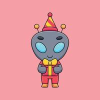 süßer geburtstag außerirdischer karikaturmaskottchen gekritzelkunst hand gezeichnetes konzept vektor kawaii symbol illustration