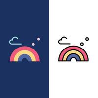 Natur Regenbogen Frühlingswelle Symbole flach und Linie gefüllt Symbolsatz Vektor blauen Hintergrund