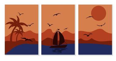 abstraktes plakat, malerei, kunst mit meer, yacht, palmen, möwen und bergen bei sonnenuntergang. Vektorvorratillustration. vektor