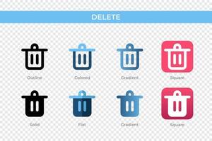 radera ikon i annorlunda stil. radera vektor ikoner designad i översikt, fast, färgad, lutning, och platt stil. symbol, logotyp illustration. vektor illustration