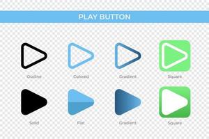 Play-Button-Symbol in verschiedenen Stilen. Vektorsymbole für die Wiedergabeschaltfläche, die in Umrissen, soliden, farbigen, Farbverläufen und flachen Stilen gestaltet sind. Symbol, Logoabbildung. Vektor-Illustration vektor