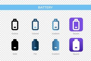 Batteriesymbol in verschiedenen Stilen. Batterievektorsymbole, die in Umrissen, soliden, farbigen, Farbverläufen und flachen Stilen entworfen wurden. Symbol, Logoabbildung. Vektor-Illustration vektor