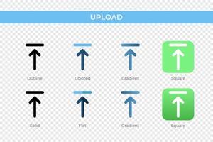 Upload-Symbol in einem anderen Stil. Laden Sie Vektorsymbole hoch, die in Umrissen, soliden, farbigen, Farbverläufen und flachen Stilen gestaltet sind. Symbol, Logoabbildung. Vektor-Illustration vektor