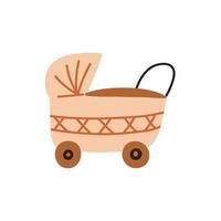 Kinderwagen aus Holzgeflecht für ein Neugeborenes. boho baby kindergarten skandinavisches neutrales dekorelement. Babyparty minimalistische Cliparts für Neugeborene vektor