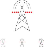 Elektroturm Strom Power Tower Computing Fett und dünne schwarze Linie Symbolsatz vektor