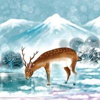 skön jul landskap i vinter- med jul rådjur kort bakgrund vektor