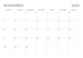 Kalender nur für November 2022 mit einfachem und minimalistischem Design vektor