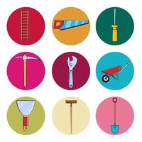 eine reihe von gebäudereparaturwerkzeugen runde symbole für haus, wohnung, gartenartikel leiter, säge, schraubendreher, spitzhacke, schraubenschlüssel, wagen, spachtel, mopp, schaufel vektor