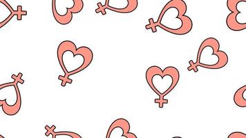textur sömlös mönster av platt ikoner av hjärtan med en tecken av en kvinna, kärlek objekt för de Semester av kärlek hjärtans dag februari 14 eller Mars 8 på en vit bakgrund. vektor illustration