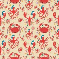 sömlös mönster av krabba, hummer, bläckfisk tecknad serie karaktär. söt med jul dekorationer stående för glad jul och Lycklig ny år vektor