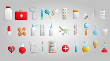 Eine große Menge medizinisch-wissenschaftlicher medizinischer Artikel von Arztsymbolen zur Behandlung von Krankheiten in einem Krankenhaus auf weißem Hintergrund. Vektor-Illustration vektor