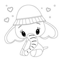 översikt för färg en söt elefant Sammanträde i en panama hatt med hjärtan vektor