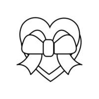 Schwarz-Weiß-lineare einfache Ikone einer schönen Geschenkbox in Form eines Herzens mit einer Schleife und einem Band für den Feiertag der Liebe Valentinstag oder 8. März. Vektorillustration vektor