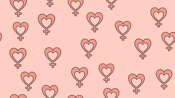 textur sömlös mönster av platt ikoner av hjärtan med en tecken av en kvinna, kärlek objekt för de Semester av kärlek hjärtans dag februari 14 eller Mars 8 på en rosa bakgrund. vektor illustration