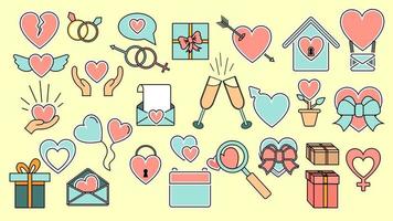 en uppsättning av stor enkel platt stil ikoner av skön hjärtan, gåvor, kuvert, kärlek objekt för de fest av kärlek hjärtans dag februari 14 eller Mars 8. vektor illustration