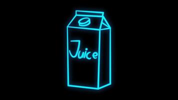 paket med juice på en svart bakgrund, vektor illustration, neon. papper väska fylld med pressas juice. friska dryck. neon illustration, årgång, retro stil. trendig neon blå