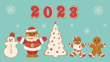festliche kekse in form von schneemann, weihnachtsmann, weihnachtsbaum und lebkuchenmännern. frohe weihnachten dekoration. neujahr und weihnachtsfeier vektor