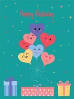 hjärta formad ballonger i söt stil. Lycklig födelsedag inskrift och gåva lådor. vektor illustration