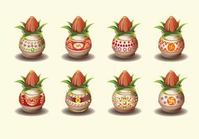 Set Vektor-Illustration von Kalash mit Kokosnuss und Mango Blatt