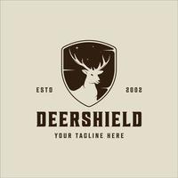 Schild Hirsch Vintage Logo Vektor Illustration Vorlage Symbol Grafikdesign. Geweih-Emblem-Zeichen oder Symbol für Jagd- oder Wildtierkonzept mit Retro-Etikett und Abzeichen-Stil