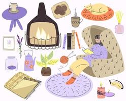 söt samling av höst och vinter- hygge element. isolerat på vit bakgrund. vektor illustration i scandinavian klotter stil.