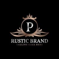buchstabe p luxuriöses rustikales wappen-logo-abzeichen für schönheitspflege, hochzeitsveranstalter, hotel und hütte vektor